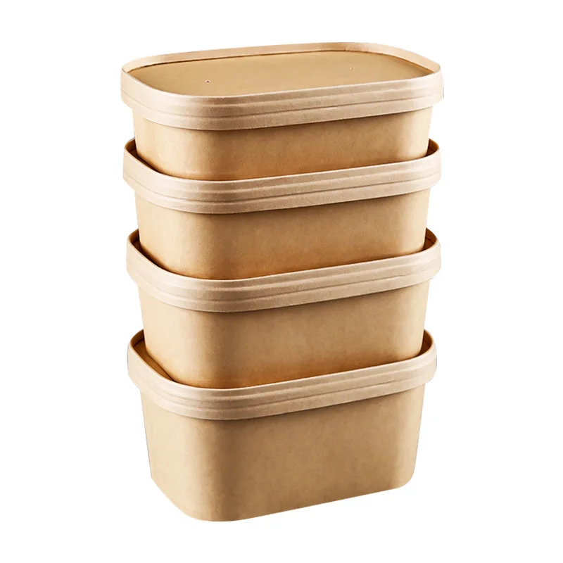 H045d8d5b7c2e40d4901e5d3adea655a2M.webp Kraft Paper Container Square Paper Bowl Biodegradable Disposable Paper Bowl With PP Lid – Image 1