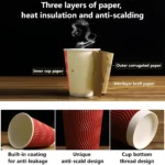 YBLPAK Biodegradable Ripple Wall 4oz 8oz 10oz 12oz 16oz Craft Paper Cups with Lids for Takeaway Hot Drinks for Coffee Milk Water – Image 5
