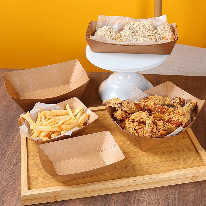 H0de018600f4146ada2130b68a95247c4A.webp YBLPAK 2LB Disposable Food Boat Trays Paper Boat Food Serving Tray Basket for Snack Sandwich Burger BBQ Hot Dog Taco Fries Nacho - Imagen 1