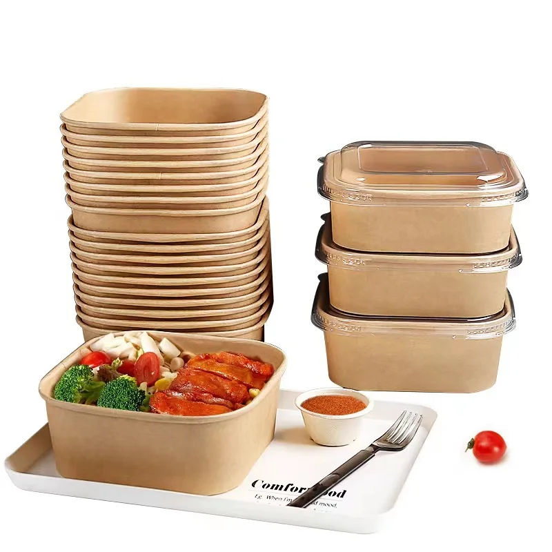 H12fddfb99c3746d3842c19b648cdd341d.webp Custom Printing Takeaway Food Packing Box Disposable Square Kraft Paper Salad Bowl with Lid 750 1000 1200 1400 Ml Craft Paper - Imagen 1