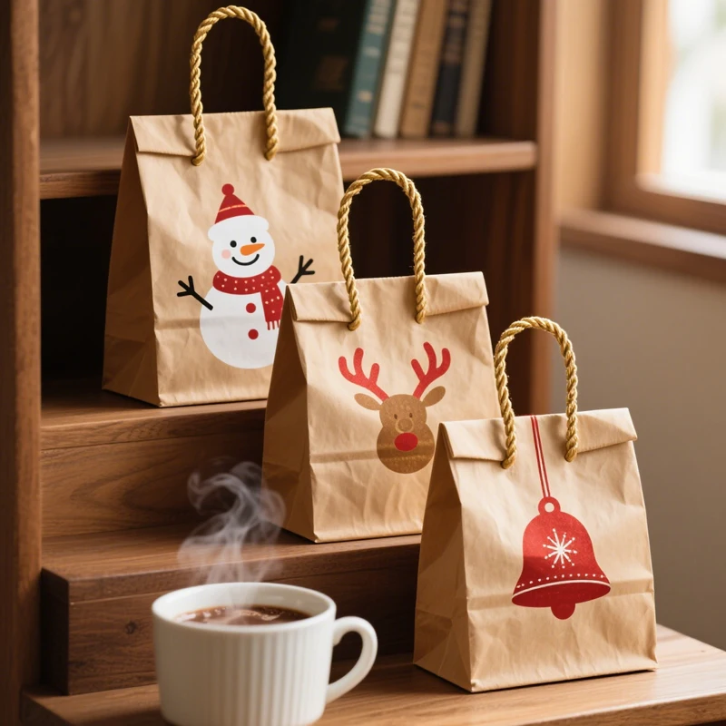 H1ff540db4509404db406992a79d0e2547.webp Custom Christmas Kraft Paper Shopping Bag Gift Craft Packaging Paper Twisted Handle Bags with Christmas Festival Logo – Image 1