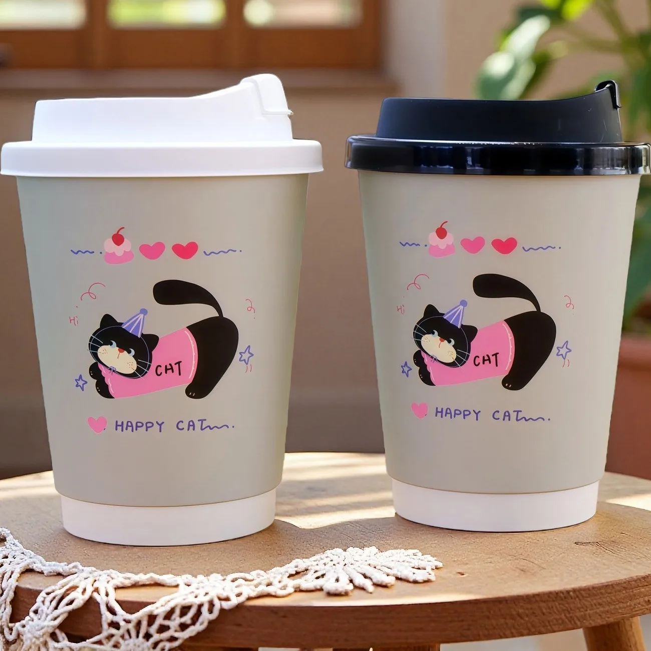 H359928f76fca4fa69f83c20741f8f27cZ.webp YBLPAK High Quality 12oz Double Wall Insulated Pink Happy Cat Cute Compostable Child Safe Paper Cup for Kids Birthday Party Milk – Image 1