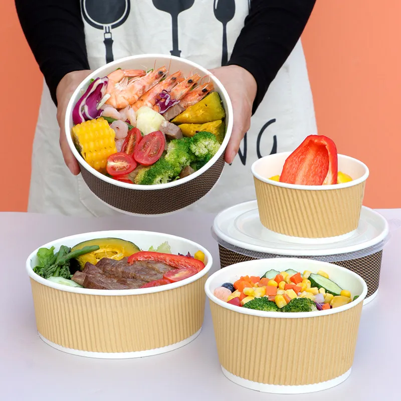 H4300b8da90b0465a842d1aed6f076a5c2.webp Xiamen Custom 500ml-1500ml Ripple Wall Kraft Paper Bowls With Lid Biodegradable Eco Friendly for Salad Soup Noodle Cake Takeaway - Image 1