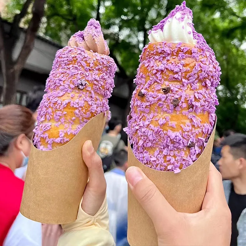 H43f2d2aac75e40a187f2068d446b23df4.webp Xiamen Custom Logo Chimney Bread Kraft Paper Slanted Cups for Snack French Fries Fish and Chips Trdlo Tree Cakes Egg Puffs Sushi – Image 1
