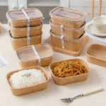 Xiamen Biodegradable Rectangle Kraft Paper Bowl with Lid Food Grade Disposable Takeaway Container Salad Bread Box Food Packaging