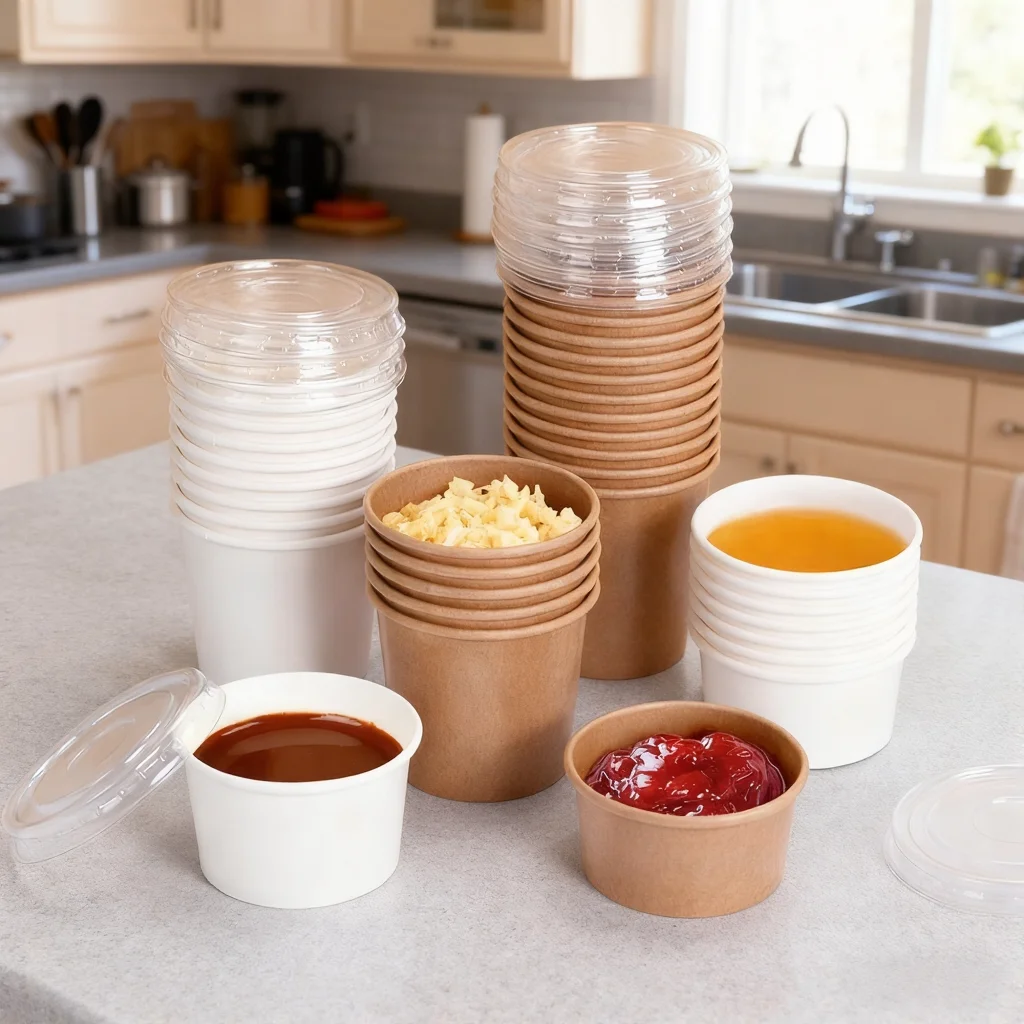 H51a4f6a76c52411f93337ecefce69c50H.webp Xiamen Eco Friendly Disposable Paper Sauce Cup 1oz 2oz with PET Lid Customized Compostable Paper Portion Cups for Tasting Sample - Imagen 1