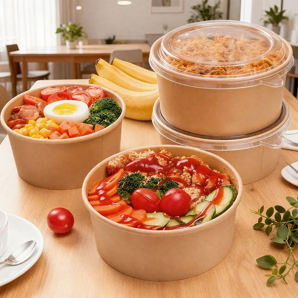 H5c79dd20fff94d75b87c7b35dd594912q.webp Xiamen Eco-Friendly Disposable Custom Logo QR Lunch Takeaway Fast Food Bowl Take Out Meal Bowl Kraft Paper Salad Bowls With Lids - Image 1