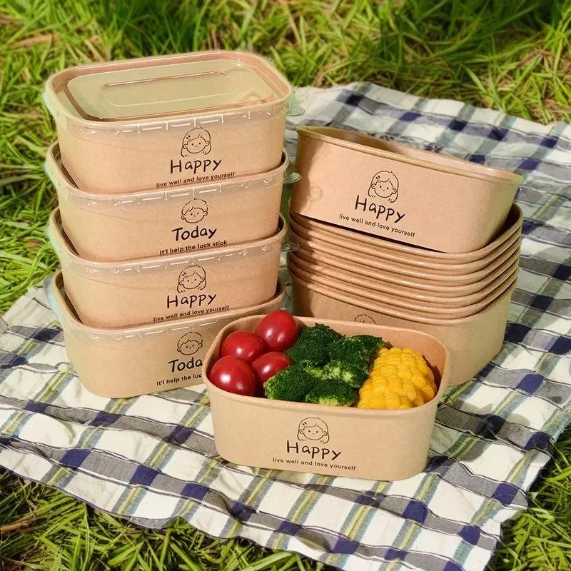 H6227b536a89d4fdca01add066c649c22E.webp Kraft Paper Salad Bowl with Lid 750ml Disposable Rectangular Biodegradable Takeaway Food Container OEM Custom Logo - Imagen 1