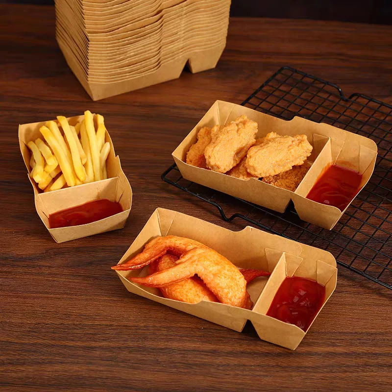 H63c791964a7c4a5494ecae16d76b0ddb5.webp YBLPAK 2 Compartment Disposable Snack Trays Kraft Paper Food Boats Party Serving Boats for Nacho Sandwich Burger Popcorn Kernels - 画像 (1)