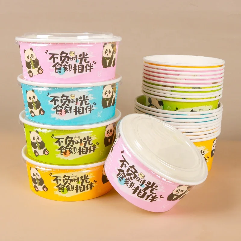 H6625eda3d61a46ac8081463fdd07247ab.webp YBLPAK Customized Panda Design Kraft Paper Bowl with Lid Biodegradable Disposable Food Container OEM ODM for Party Picnic Sample – Image 1