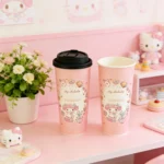 YBLPAK Eco Friendly Co-Branded Custom Milk Tea Cups Pink Printing Single Wall Paper Coffee Cup with Lid for Cafe Bubble Tea Shop