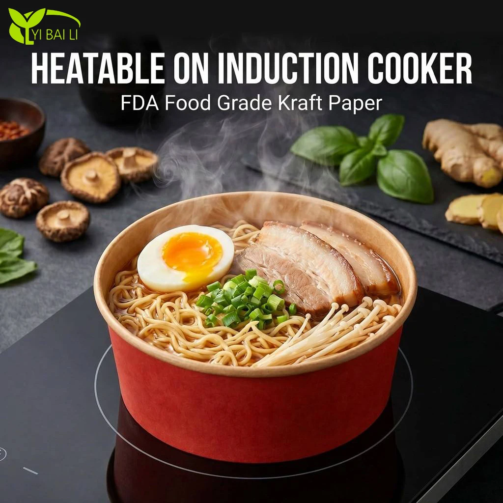 H6e341d97aaec440db4bac30ec6f131b5f.webp 1300ml Large Induction-Heatable Paper Bowl Biodegradable Printed Kraft Food Container for Ramen Salad Soup Packaging - Image 1