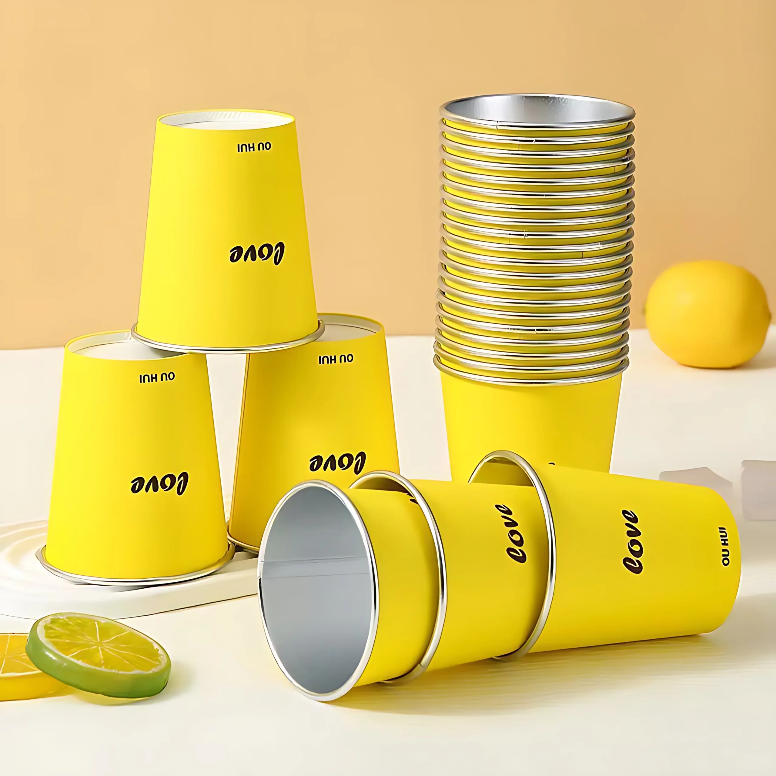 H88860ad6251b4c4995ca54168d855b39a.webp YBLPAK Durable Eco Friendly Aluminum Craft Paper Coffe Cup Single Wall Custom Logo Waterproof PE Coat Yellow Tea Cups for Picnic - 画像 (1)