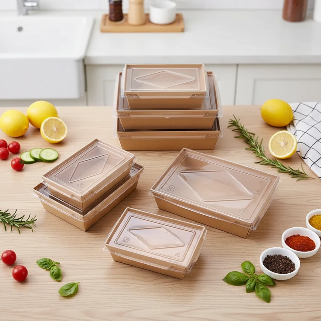 H8e59a351de5445b3a974311bf29bb70eu.webp YBLPAK Wholesale Disposable Takeaway Food Container Waterproof Kraft Paper Salad Box with PET Lid for Snack Meal Prep Lunch Nuts - Image 1