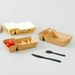 YBLPAK 2 Compartment Snack Containers 320ml Paper Food Trays Disposable Deli Serving Boat Food Packaging for Travel Lunch Picnic