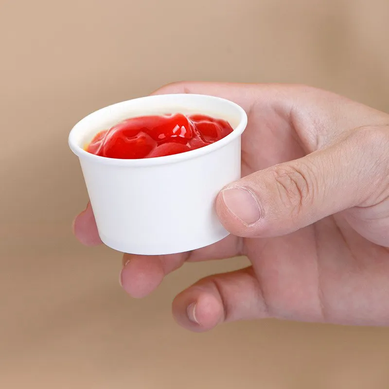 Hc2304b9547214d0eb84990faf7c1a819s.webp Xiamen 0.5oz 1oz 2oz Disposable Compostable Kraft Paper Condiment Cups Food Grade Microwave Safe PE Coated Stylish for Dips Jams - Imagen 1