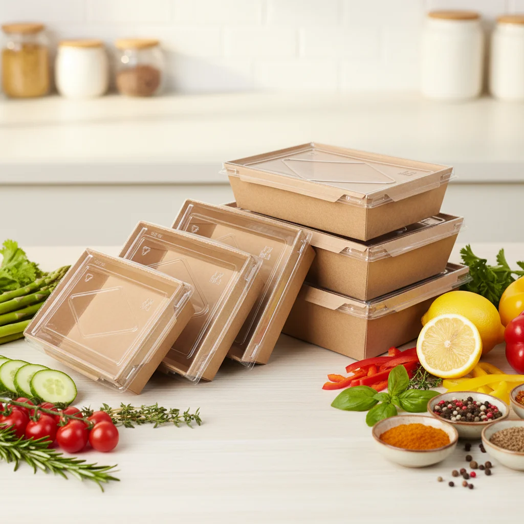 Hc4af6f8e0ad447f08e57494d993269064.webp YBLPAK Eco Friendly Biodegradable Kraft Paper Meal Boxes with Transparent Lids Microwaveble for Take Away Food Sushi Salad Lunch - Image 1