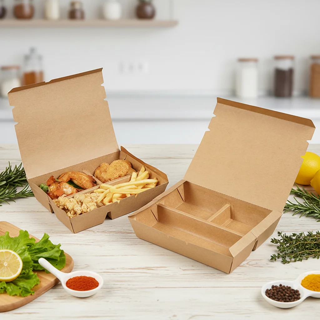 He12db62cd345466591ac06e321e0d572u.webp YBLPAK Disposable Rectangle 3 4 Compartment Kraft Paper Salad Box Takeaway Food Container to Go Fitness Meal Oil Proof PE Coated – Image 1